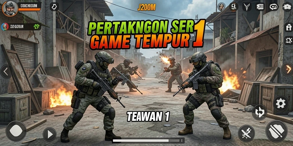Screenshot antarmuka J200M menampilkan pertarungan epik antara dua karakter.