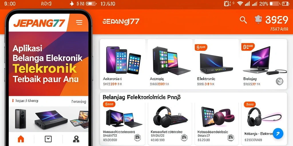 Tampilan antarmuka aplikasi JEPANG77 untuk belanja elektronik yang modern.