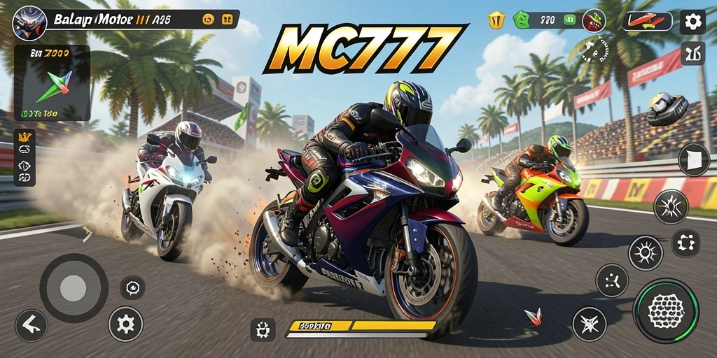 Tampilan antarmuka game balap motor MC777 yang menarik dan dinamis.