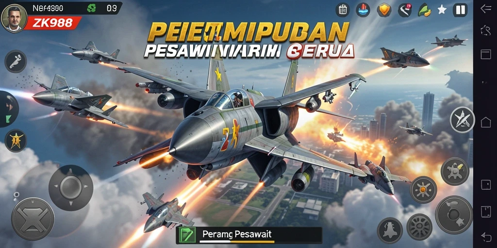 Tampilan antarmuka ZK988 yang modern dan dinamis dalam pertempuran udara.